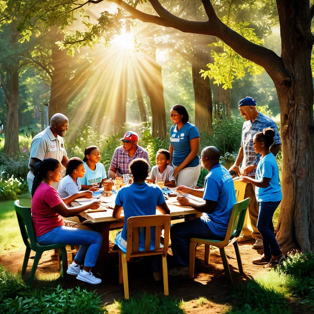 A powerful scene illustrating veterans engaging in transformative outreach programs, surrounded by diverse families sharing moments of healing and support. The setting should depict nature, symbolizing growth, with warm sunlight breaking through the trees, representing hope. Include elements of teamwork, such as volunteers and veterans collaborating on a community project. The overall tone should convey compassion and action. super-realistic. vibrant colors. natural background.