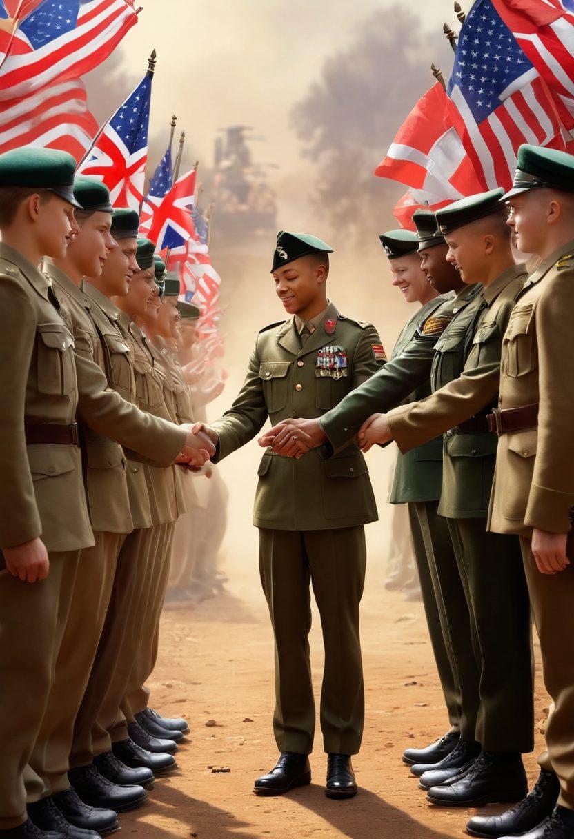 A heartwarming scene depicting a diverse group of soldiers receiving heartfelt support from community members, showcasing acts of kindness like handshakes and warm embraces. The backdrop features flags and symbols of the armed forces blended with elements of a caring community, such as flowers and children holding thank-you letters. The scene radiates warmth and connection, capturing the spirit of compassion in action. super-realistic. warm tones. vibrant colors. 3D.