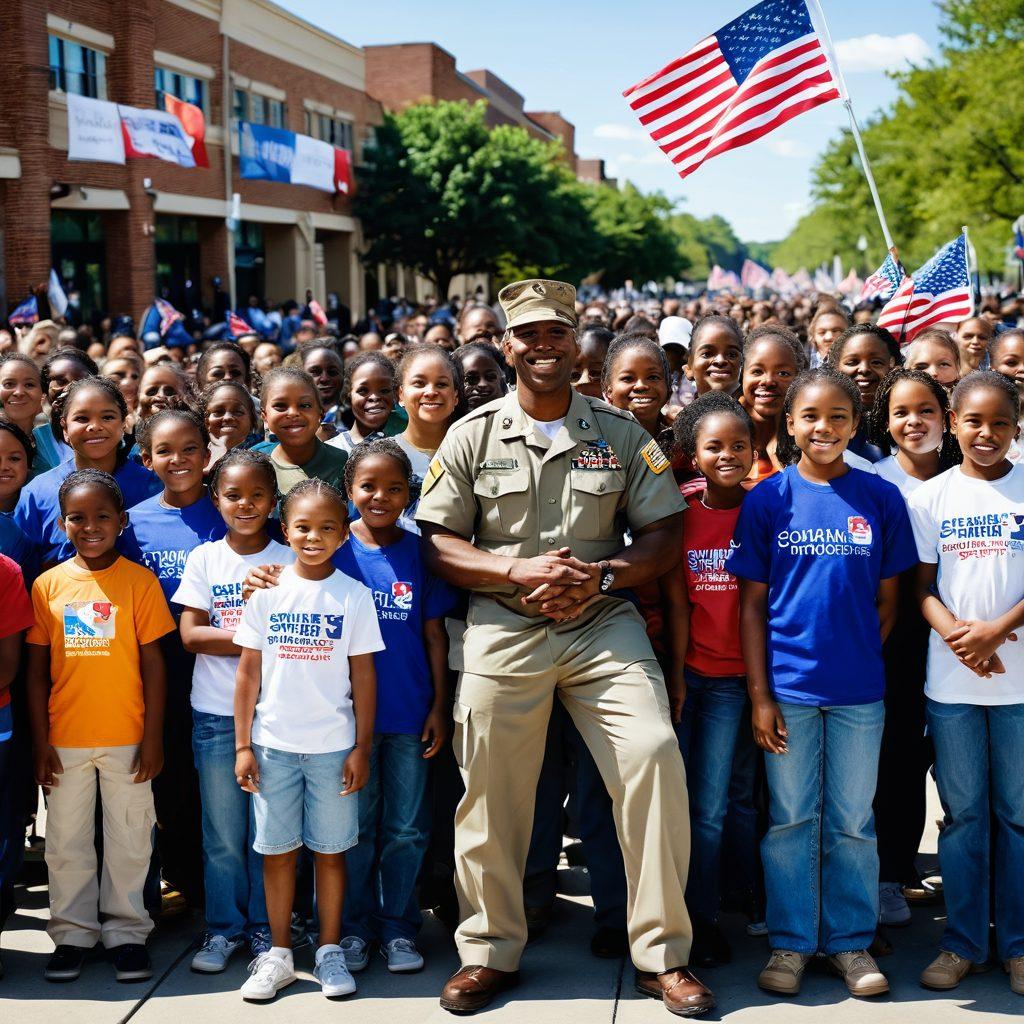 A powerful scene depicting military heroes being supported by diverse groups of volunteers, showcasing unity in action. Include elements like a community event with service members engaging with smiling children and families, surrounded by banners of solidarity. Capture the warmth and hope in their expressions and emphasize the spirit of philanthropy. High contrast to highlight emotions and camaraderie. super-realistic. vibrant colors. outdoor setting.